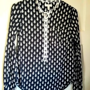 J. Crew Black & White 100% Cotton Popover Shirt with Reverse Pattern Trim Sz 00